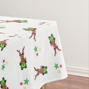 Festive Green And Red Kasky Christmas Reindeer Tablecloth