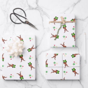 Festive Green And Red Kasky Christmas Reindeer Wrapping Paper Sheet