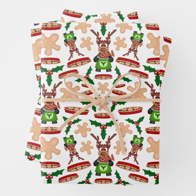 Festive Green And Red Kasky Christmas Reindeer Wrapping Paper Sheet (In situ)