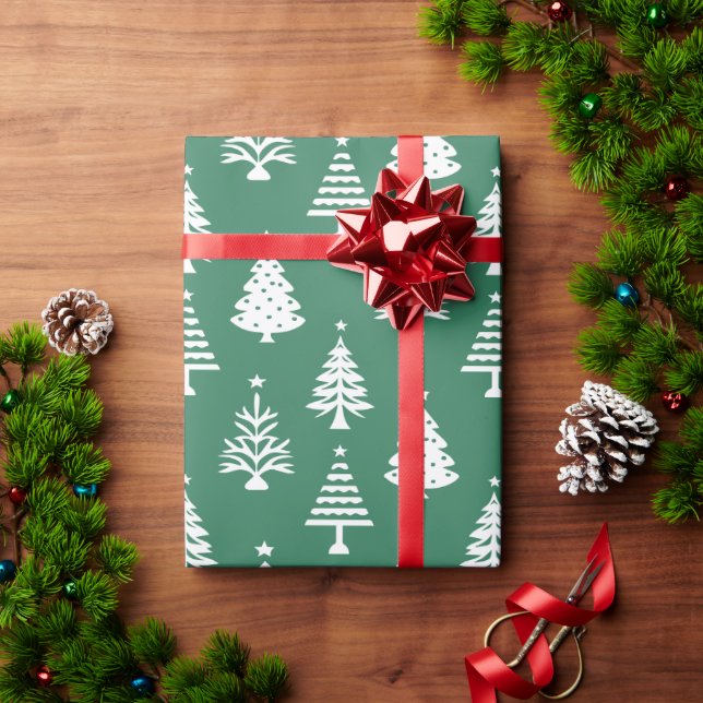 Festive Green and White Christmas Tree Pattern Wrapping Paper (Holiday Gift)