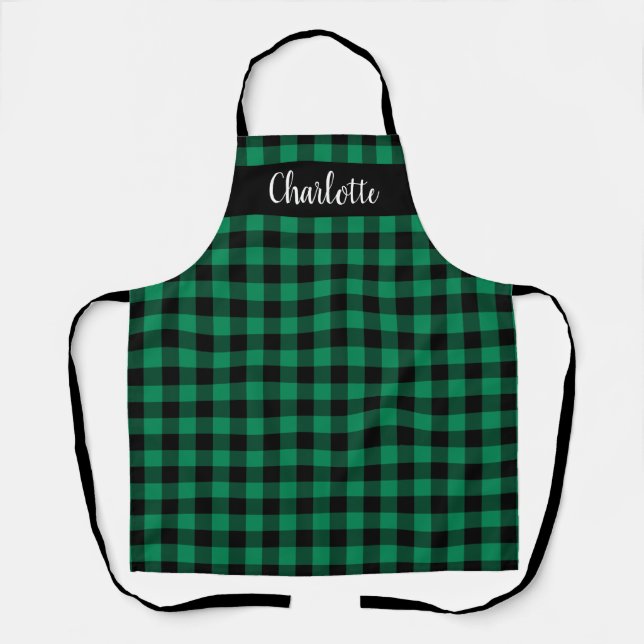 Festive Green Black Buffalo Plaid Monogram Apron (Front)