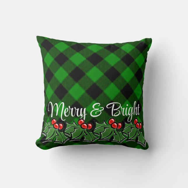 Festive green black plaid holly leaves berries cushion (Front)