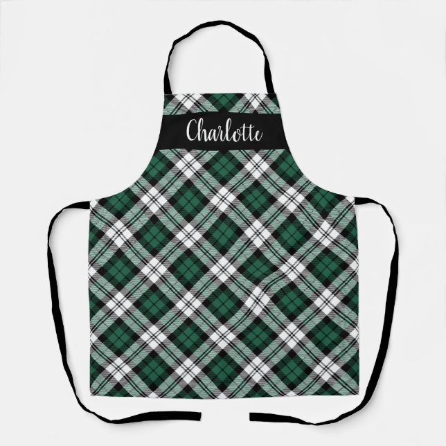 Festive Green Black Watch Plaid Monogram Apron (Front)