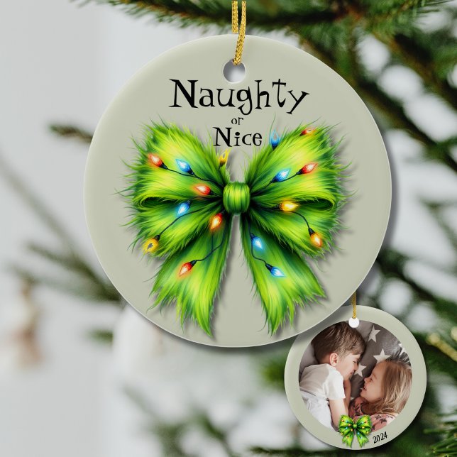 Festive Green Bow-Lights Naughty or Nice Photo Ceramic Ornament (Creator Uploaded)