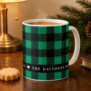 Festive Green Buffalo Plaid Custom Family Monogram Coffee Mug