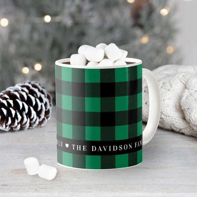 Festive Green Buffalo Plaid Custom Family Monogram Coffee Mug (Creator Uploaded)