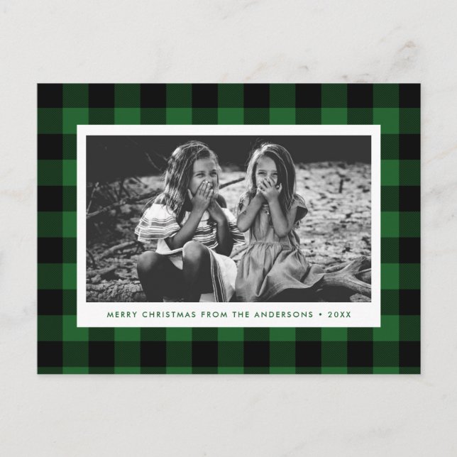 Festive Green Buffalo Plaid Single Photo Christmas Postcard (Front)