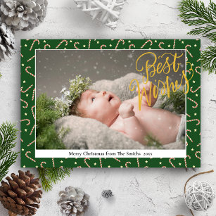 Festive Green Candy Cane Elegant Gold Script Photo Holiday Card