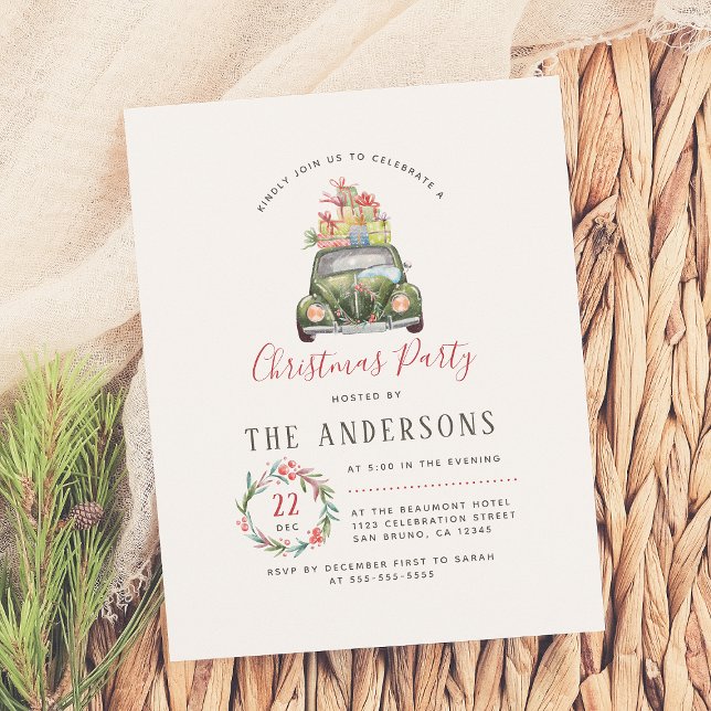 Festive Green Car Christmas Holiday Party Invitation Postcard (Creator Uploaded)
