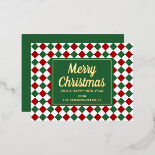 Festive Green Check Merry Christmas Gold Foil Holiday Postcard