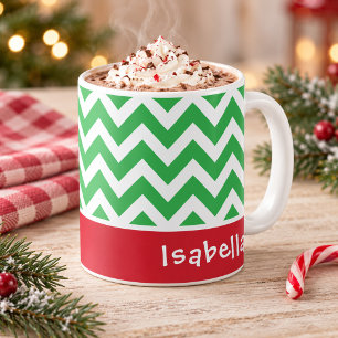 Festive Green Chevron Christmas Custom Name Coffee Mug