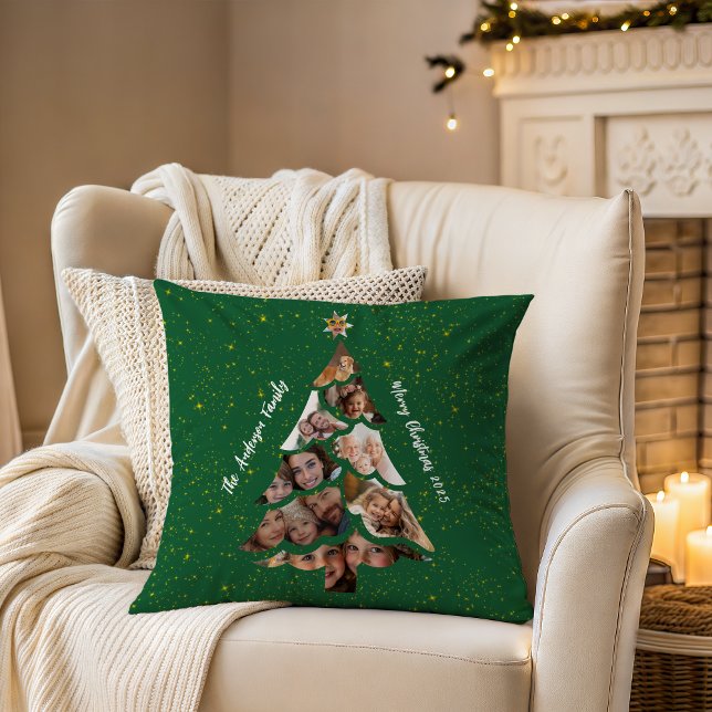 Festive Green Christmas Tree Family Photo Collage Cushion (Lovely 9 Photo Christmas Tree Collage on green & gold. Customize to make a heartwarming keepsake.  )