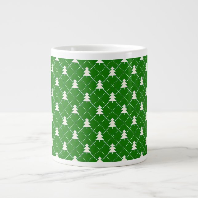 Festive Green Christmas Tree Pattern Large Coffee Mug (Front)