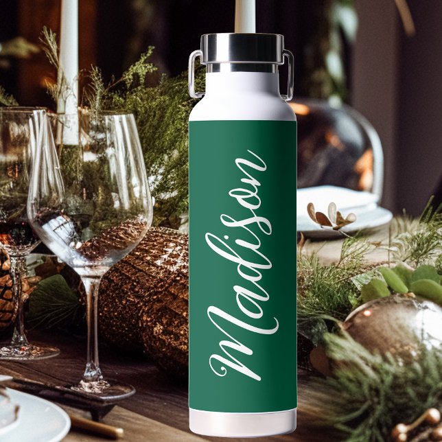 Festive Green Christmas White Handwritten Name Water Bottle (Creator Uploaded)