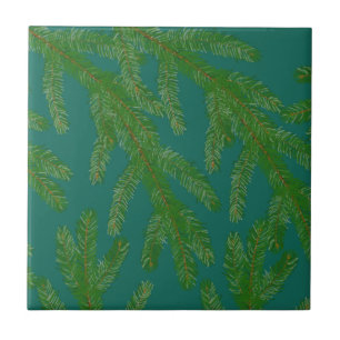Festive Green Fir Tree Branches    Ceramic Tile