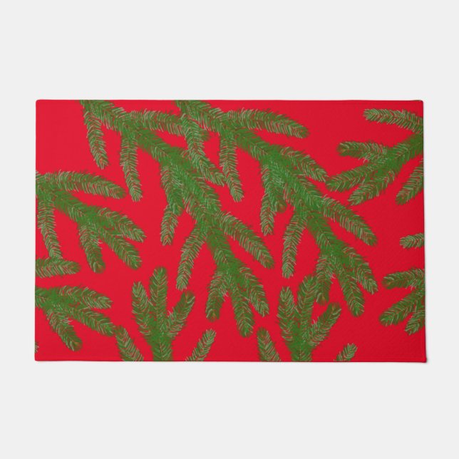 Festive Green Fir Tree Branches  on Red  Doormat (Front)