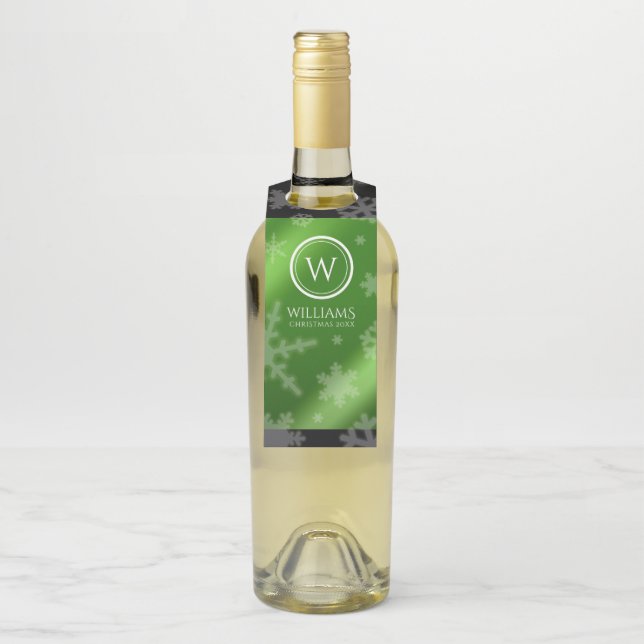 Festive Green Foil Snowflakes Monogram Name Bottle Tag (On Bottle)