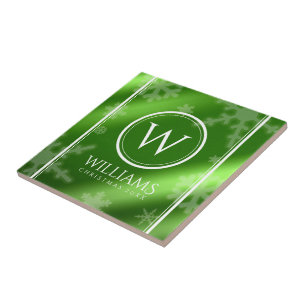 Festive Green Foil Snowflakes Monogram Name Ceramic Tile
