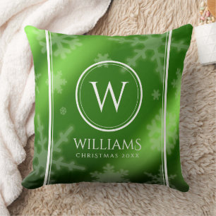 Festive Green Foil Snowflakes Monogram Name Cushion