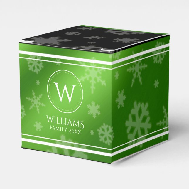 Festive Green Foil Snowflakes Monogram Name Favour Box (Front Side)