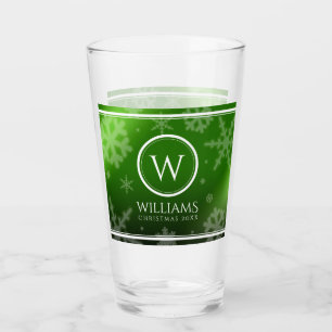 Festive Green Foil Snowflakes Monogram Name Glass