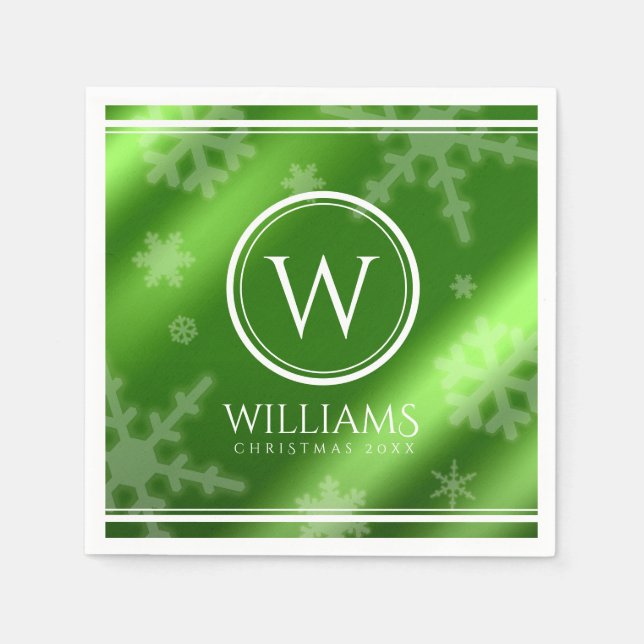 Festive Green Foil Snowflakes Monogram Name Napkin (Front)