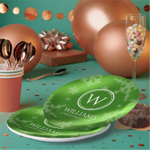 Festive Green Foil Snowflakes Monogram Name Paper Plate