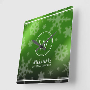 Festive Green Foil Snowflakes Monogram Name Square Wall Clock
