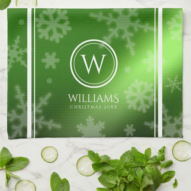 Festive Green Foil Snowflakes Monogram Name Tea Towel (Folded)
