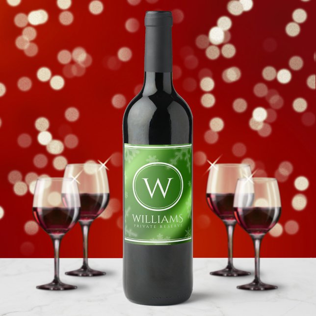 Festive Green Foil Snowflakes Monogram Name Wine Label (Creator Uploaded)