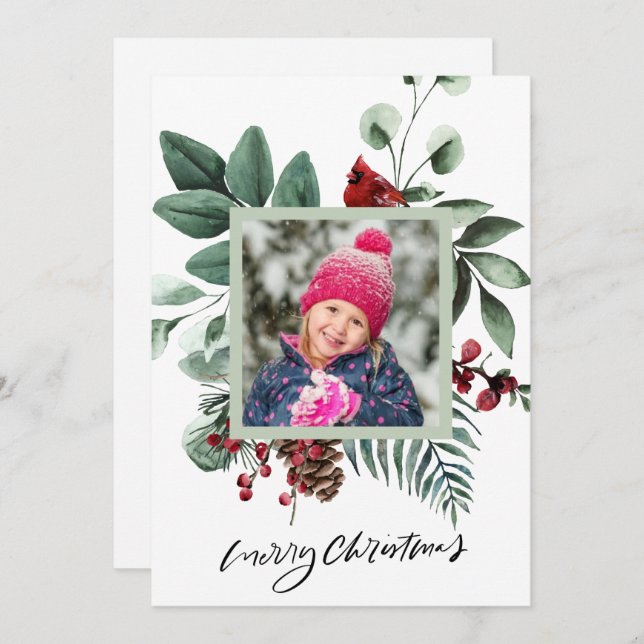 Festive Green Foliage Eucalyptus Red Cardinal Bird Holiday Card (Front/Back)