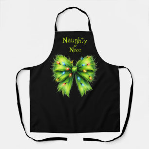 Festive Green Fur Bow-Lights Naughty or Nice Name Apron