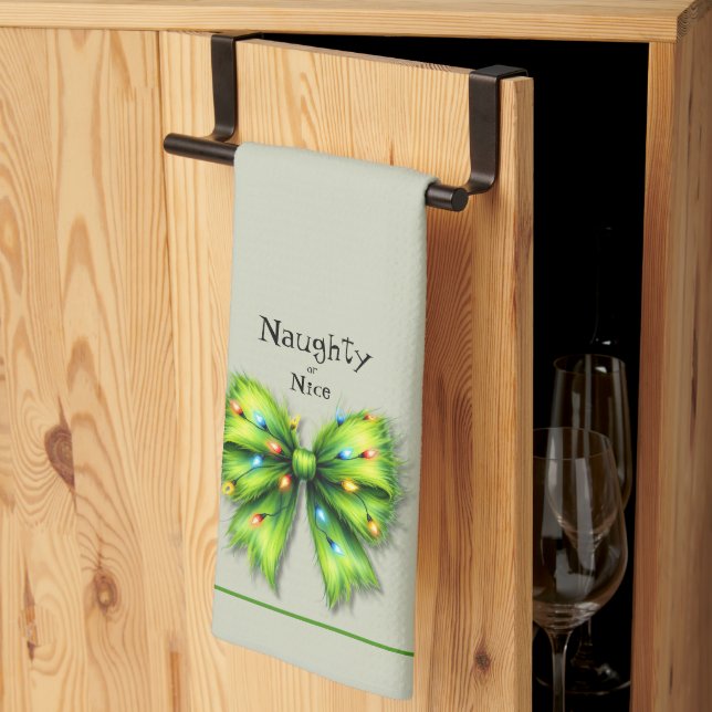 Festive Green Furry Bow-Lights Naughty or Nice Tea Towel (Thirds Fold)