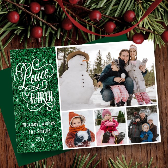 Festive Green Glitter Peace on Earth Modern Photo Holiday Card (Creator Uploaded)