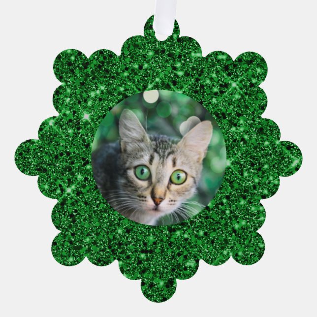 Festive Green Glitter Personalised Cat Tree Decoration Card (Front)