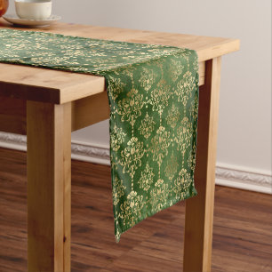 Festive Green & Gold Foil Winter Christmas Damask Short Table Runner