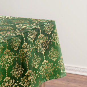 Festive Green & Gold Foil Winter Christmas Damask Tablecloth