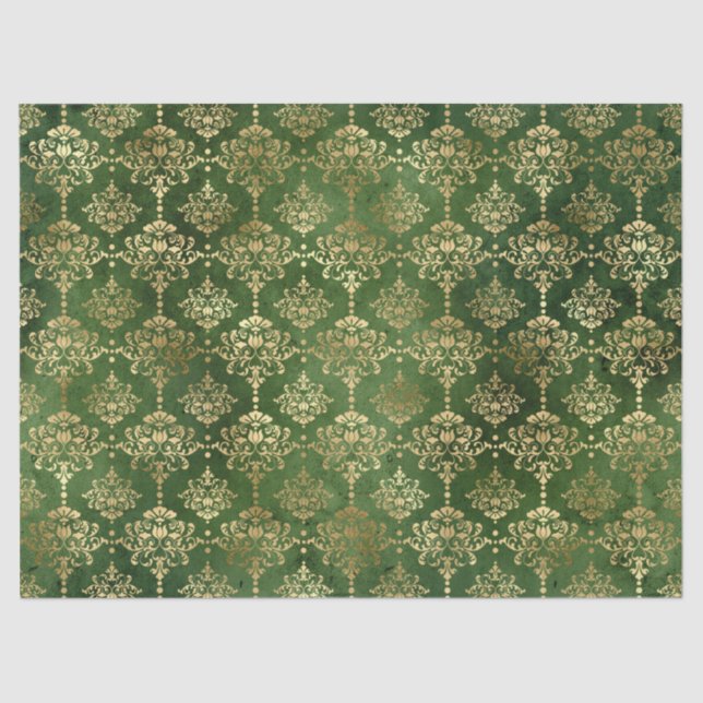 Festive Green & Gold Foil Winter Christmas Damask Tissue Paper (Front)