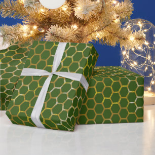 Festive Green Gold Hexagon Beehive Pattern  Wrapping Paper