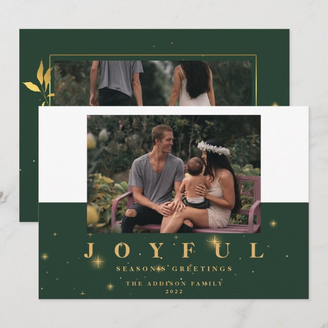 Festive Green Gold Joyful Three Picture Christmas  Holiday Card (Front/Back)