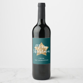 Festive Green Gold Star Christmas Wine Label