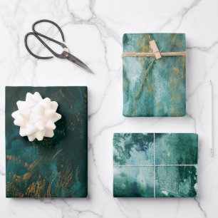 Festive Green Gold Watercolor Set of 3 Wrapping Paper Sheet