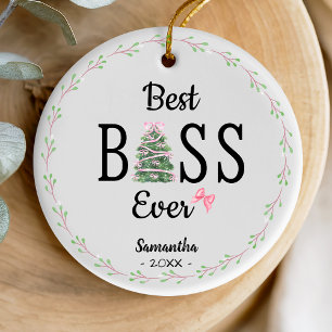 Festive Green Holiday Wreath Best Boss Ever Ceramic Ornament