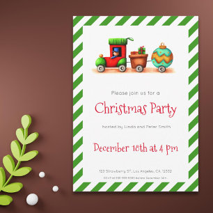 Festive Green Illustrated Christmas Train Holiday Invitation
