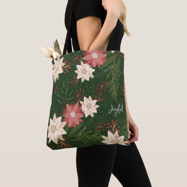 Festive Green Joyful Poinsettia Christmas Holiday Tote Bag (Close Up)