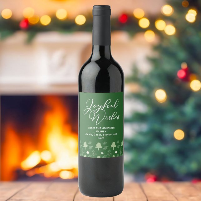 Festive Green Joyful Wishes Christmas Trees Custom Wine Label (Creator Uploaded)