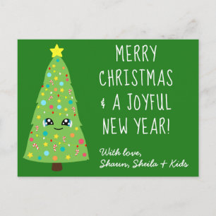 Festive Green Kawaii Christmas Tree Merry Xmas Postcard