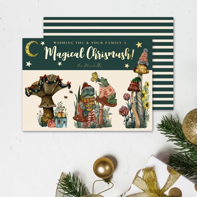 Festive Green Magical Mushroom Merry Christmas  Fo Foil Holiday Card (Whimsical green and gold mushroom and frog christmas cards)