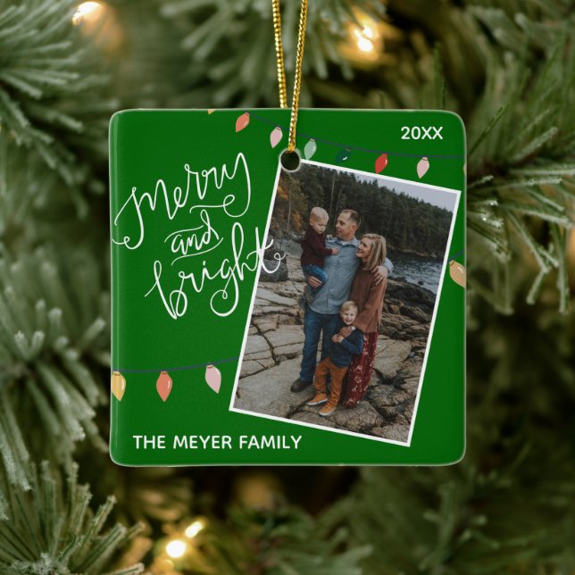 Festive Green Merry and Bright Christmas Lights Ceramic Ornament (Tree)