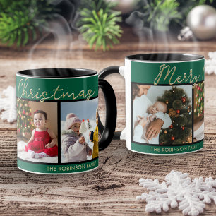 Festive Green Merry Christmas 3 Photos Collage Mug
